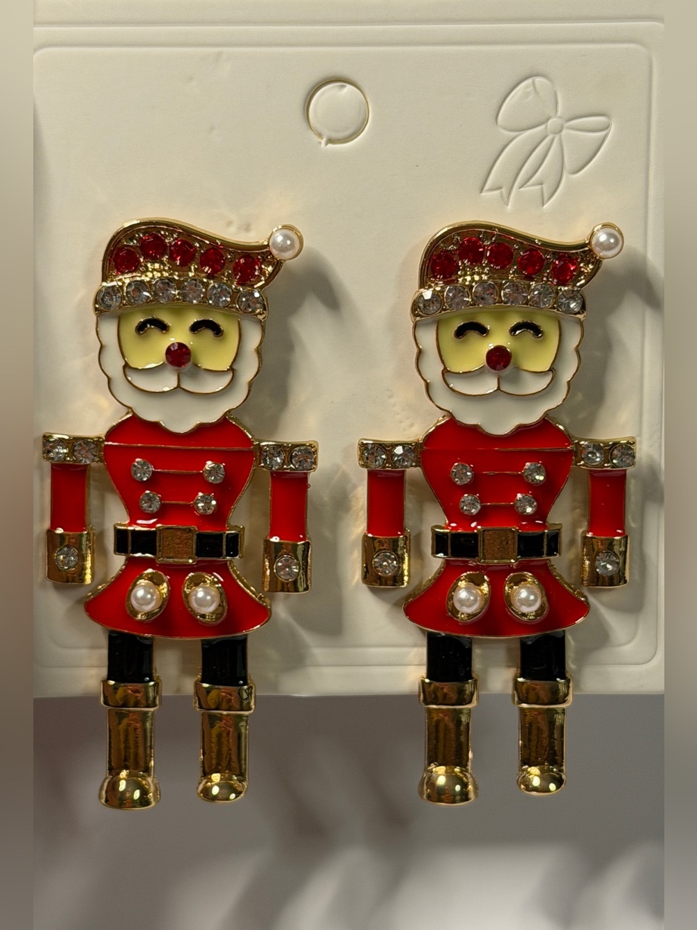 Christmas Santa Nutcracker Earrings Gold Tone Enamel Rhinestone Pearl NEW